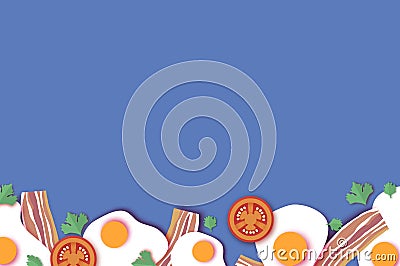 Bacon and Eggs, Tomato. Omelet papercut style. Farm products. Fast food. Natural product. Food ingredients. Slices of Vector Illustration