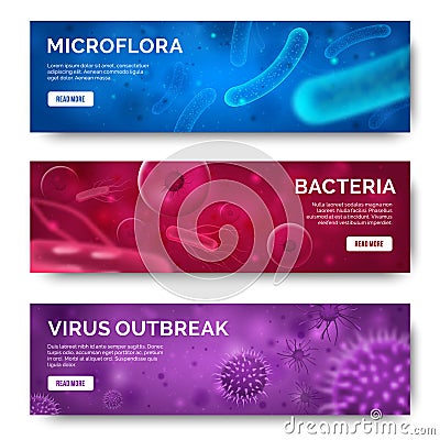 Bacteria banners. Viruses, 3d microscopic infection bacterium cells, flu germ. Microbiology vector concept Vector Illustration