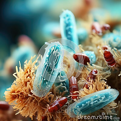 Bacteria cells close-up under a microscope. Enlarged bacterial rods. Generative AI Stock Photo