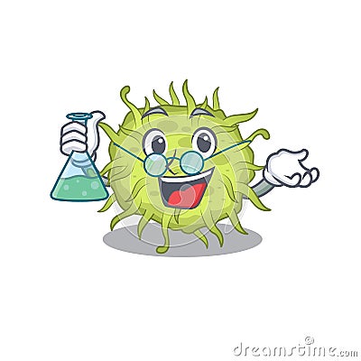 Bacteria coccus smart Professor Cartoon design style working with glass tube Vector Illustration