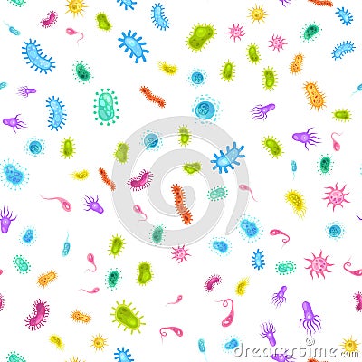 Bacteria germ seamless pattern. Monster viruses, biological allergy microbes and microscopic bacterias. Creative design Vector Illustration