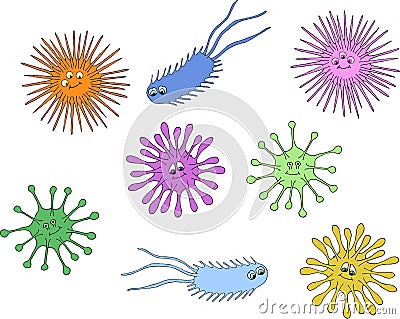 Bacteria and germs colorful set, micro-organisms disease-causing objects, bacteria. Vector cartoon illustration. Vector Illustration