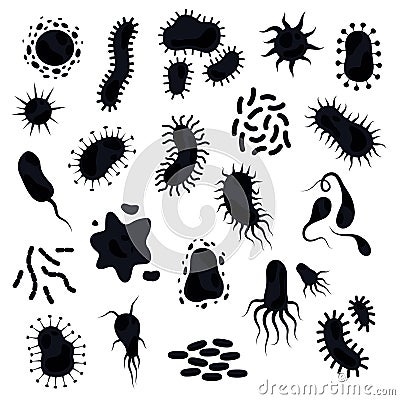 Bacteria silhouettes. Symbols for immune diseases of cell and infections or viruses danger black vector isolated icons Vector Illustration