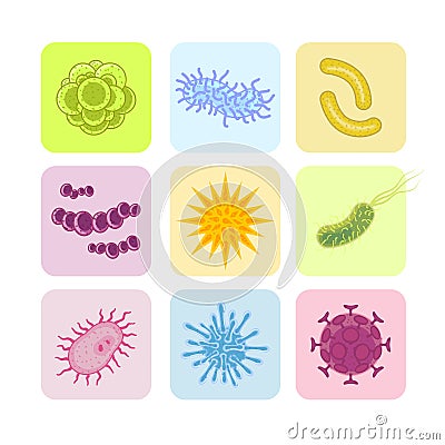 Bacteria and virus icons. Microbiology vector flat Vector Illustration