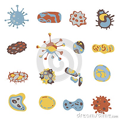 Bacteria and Virus icons set. Bacteria under microscope. Microbe virus sign isolated on white place. Vector Vector Illustration