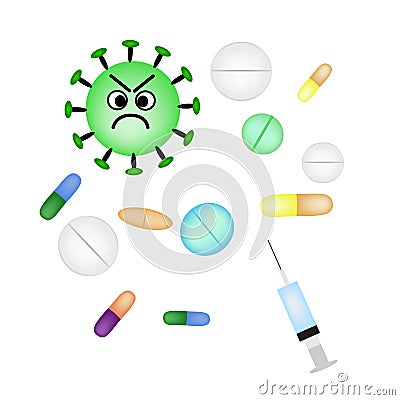 Bacteria and viruses are treated with pills and injections. Infographics. Vector illustration on background Vector Illustration