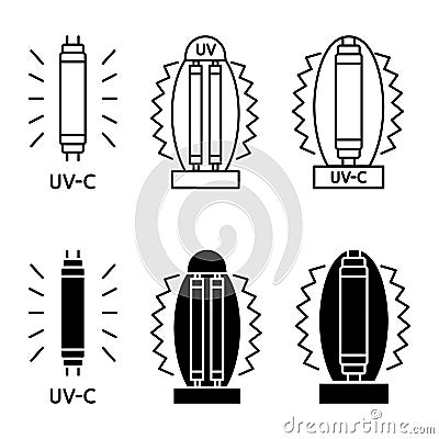 Bactericidal UV lamp. UV-C sterilizer lamp. Device with ultraviolet light. Ultraviolet germicidal irradiation and sterilization. Vector Illustration