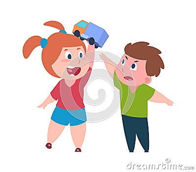 Bad behavior. Brother and sister quarrel. Girl teases boy with toy. Isolated children arguing. Conflicts between older Vector Illustration