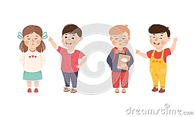 Bad behavior of kids set. Boy and girl students getting bullied in school cartoon vector illustration Vector Illustration