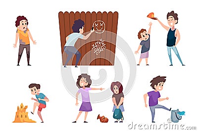 Bad Behaviour kids. The children are dirty and doing bad things, bullies exact vector cartoon people Vector Illustration