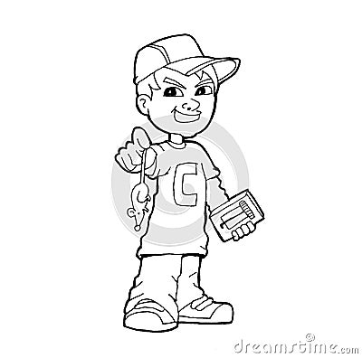 A bad boy is holding a dead rat in his hand line art illustration cartoon illustration with a white background Cartoon Illustration