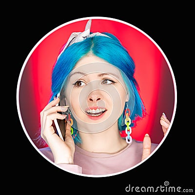 bad call difficult conversation woman face phone Stock Photo
