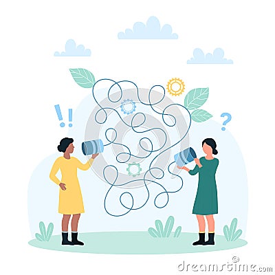 Bad communication, tiny girls with tin can telephone have miscommunication barrier Vector Illustration