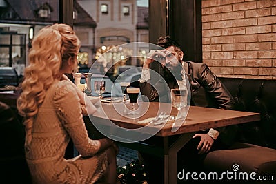 Bad date of couple, break up relations and love. Dislike makes conflict and divorce. Business meeting of man and woman Stock Photo