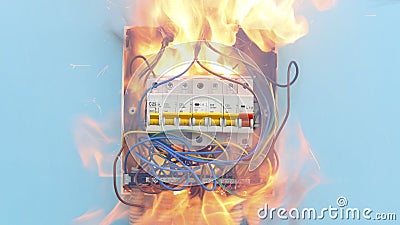 Faulty electrical wiring resulted in an electrical fire resulting from short circuit in consumer unit. Stock Photo