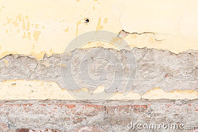 Bad foundation base on old house or building cracked plaster facade wall with brick background Stock Photo