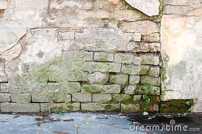 Bad foundation base on old house or building cracked plaster facade wall with brick background Stock Photo