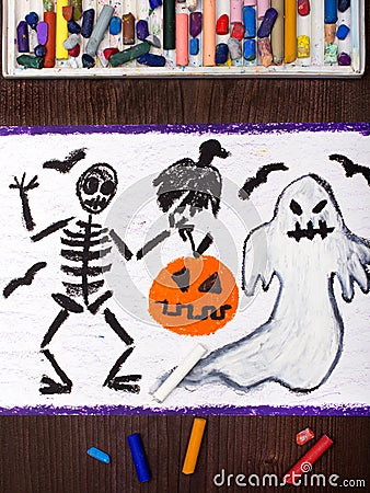 Bad ghost, skeleton, pumpkin and raven Stock Photo