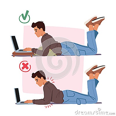 Bad and Good Body Poses while Working with Laptop. In The Wrong Posture, Man Slouches, Straining The Back Vector Illustration