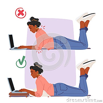 Bad and Good Body Poses while Working with Laptop. In The Wrong Posture, Woman Slouches, Straining The Back Vector Illustration