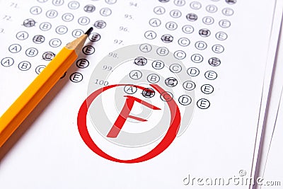 Bad grade F is written with red pen on the tests Stock Photo