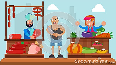 Bad guy concept, man thug at market, vector illustration. Cartoon pickpocket character in crime near fruits. Pilferer Vector Illustration