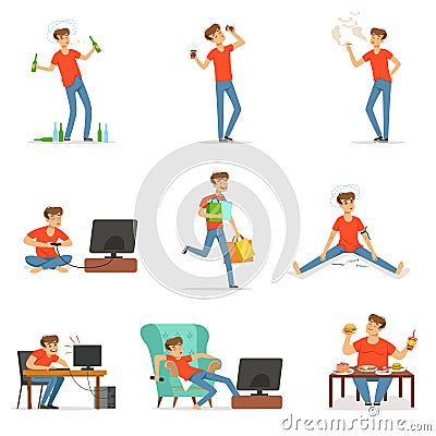 Bad habits set, alcoholism, drug addiction, smoking, dependence of computer and video games, shopping, gluttony with Vector Illustration