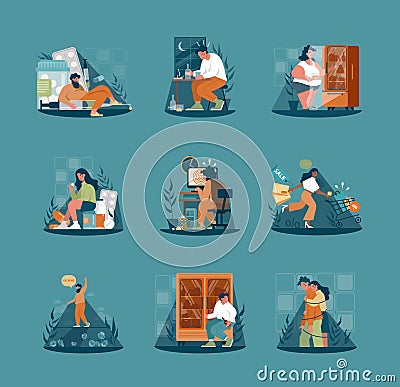 Bad habits set. Character with unhealthy lifestyle patterns and addictions. Vector Illustration