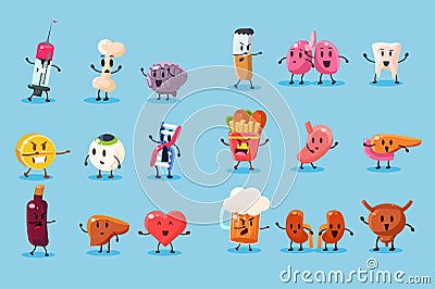 Bad habits and unhealthy human organs characters sett, funny educational vector Illustrations on a light blue background Vector Illustration