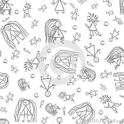 Bad hair Covid 19 quarantine vector seamless pattern. Humorous backdrop of childlike scribble drawings of girls with Vector Illustration