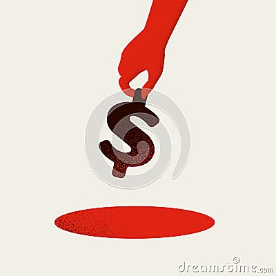 Bad investment or burning cash vector concept with hand putting money into hole Cartoon Illustration