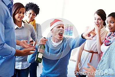 Bad, office and party with business team looking uncomfortable by colleague drunk behaviour in office. Business people Stock Photo