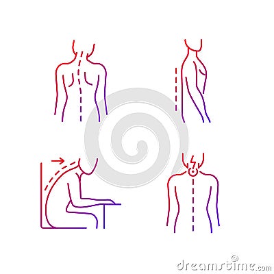 Bad posture problems gradient linear vector icons set Vector Illustration