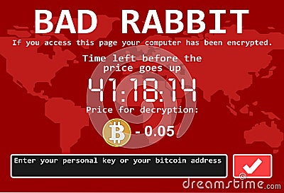 Bad rabbit ransomware computer virus encrypter cyber attack screen illustration Stock Photo