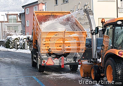 Bad Ragaz, SG / Switzerland - January 11, 2019: city workers clearing snow from the roads in Bad Ragaz after heavy winter Stock Photo