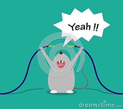 Bad rat happy after bite cable, vector cartoon Vector Illustration