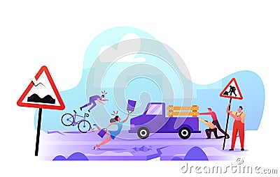 Bad Road Concept. City Dwellers Get in Troubles on Broken Highway. Woman Stumble Falling Down on Asphalt Vector Illustration