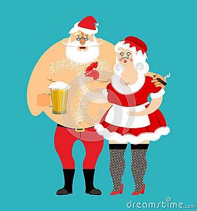 Bad Santa and Mrs. Claus isolated. drunk Christmas family. Woman Vector Illustration