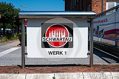 Bad Schwartau, Germany - Sign of the local Schwartau food factory Editorial Stock Photo