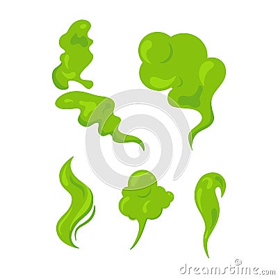 Bad smeeling clouds set. Green fart toxic smoke. Cartoon stinky old nasty odor fumes poison gas. Dirt aroma stench Vector Illustration