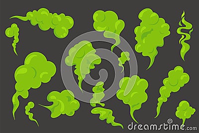 Bad smeeling clouds set. Green fart toxic smoke. Cartoon stinky old nasty odor fumes poison gas. Dirt aroma stench Vector Illustration