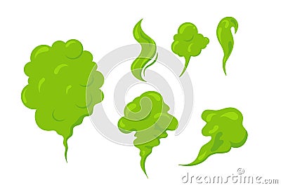 Bad smeeling clouds set. Green fart toxic smoke. Cartoon stinky old nasty odor fumes poison gas. Dirt aroma stench Vector Illustration