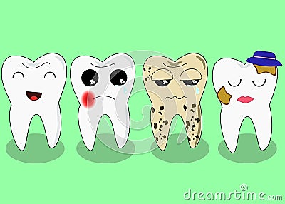 Bad teeth company. Problematic sick and unhealthy teeth concept. Funny cartoon characters. Vector illustration Vector Illustration