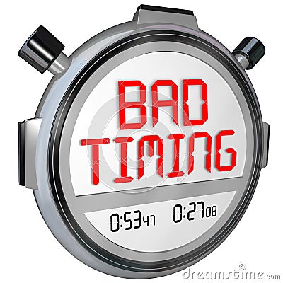 Bad Timing Words Timer Stopwatch Missed Opportunity Late Poor Sp Stock Photo