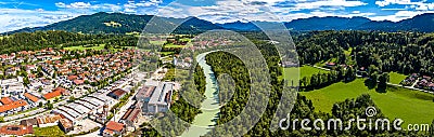 Bad Toelz Isar River. Bavarian Alps. Moraltpark. Drone Panorama Stock Photo