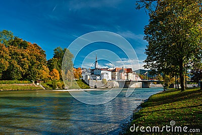 Bad Tolz - picturesque resort town in Bavaria, Germany in autumn and Isar river Stock Photo