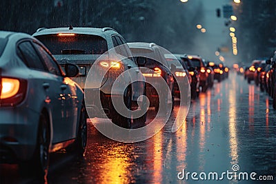 Bad weather, car traffic jam, road congestion in rain Stock Photo