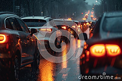 Bad weather, car traffic jam, road congestion in rain Stock Photo