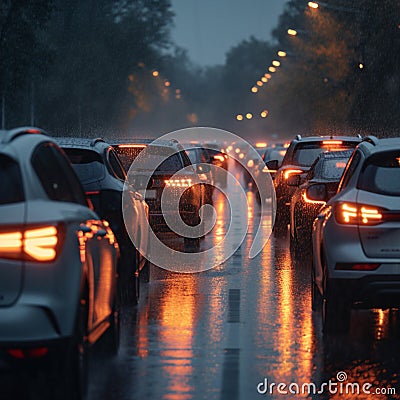 Bad weather, car traffic jam, road congestion in rain Stock Photo