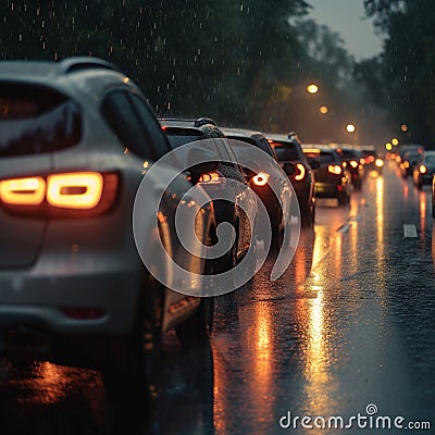 Bad weather, car traffic jam, road congestion in rain Stock Photo